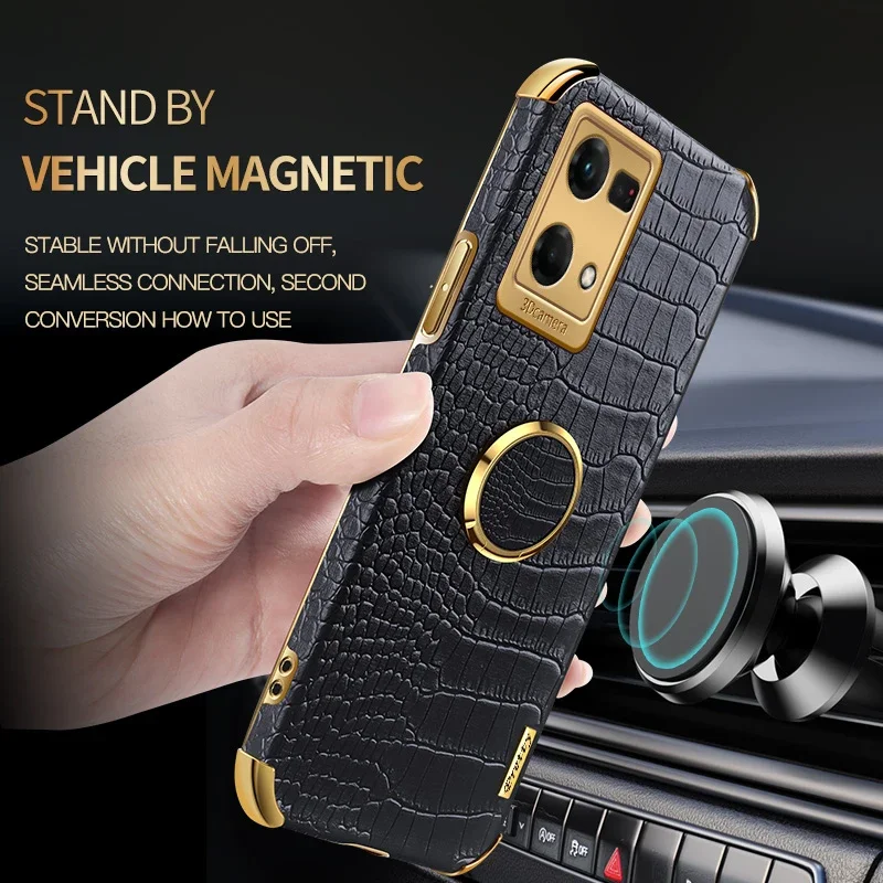 Casing Silikon Kulit Pola Buaya Untuk OPPO Reno 7 Pro 7Z 4G 5G Dengan Penyangga Cincin Magnetik, Penyangga Lipat, Pelindung Benturan