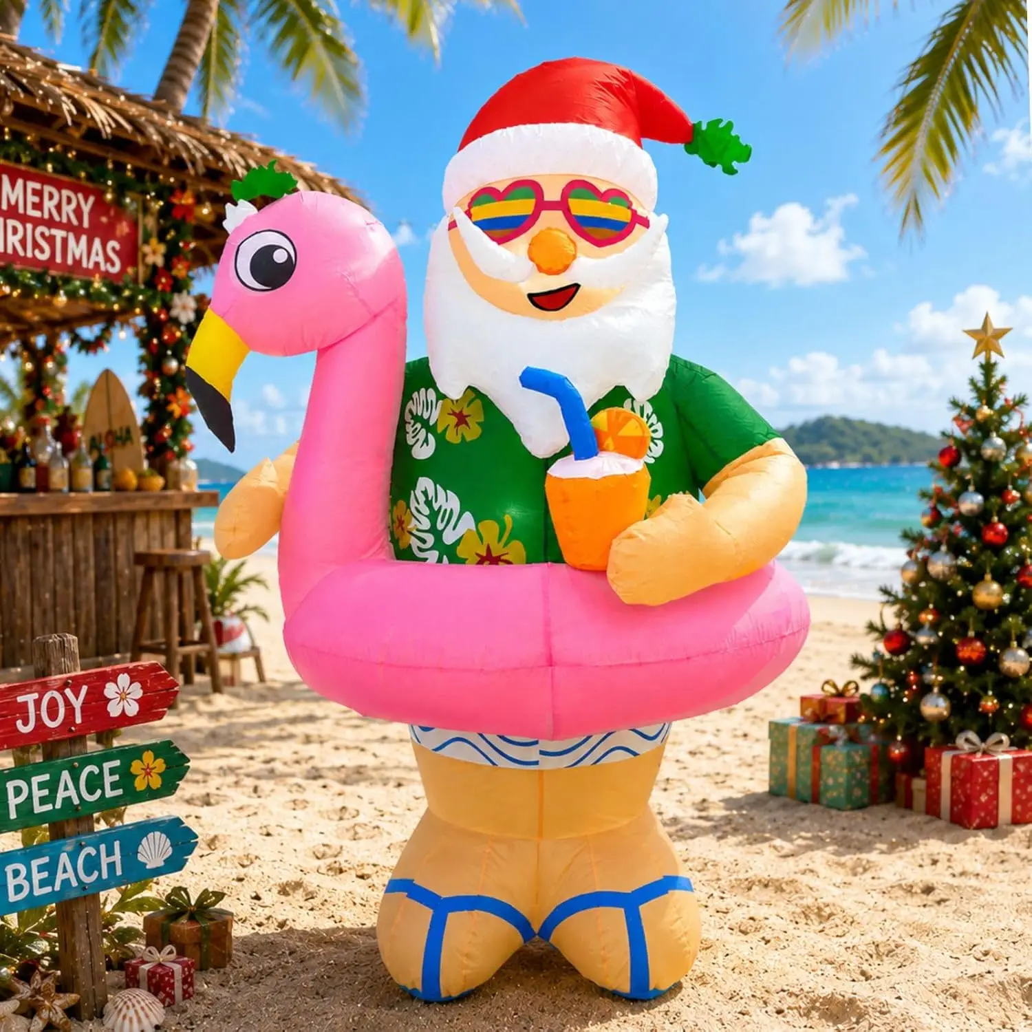 6FT Inflatable Santa Claus with LED Lights for Outdoor Christmas Decorations Cute Blow up Xmas Yard Decoration Hawaii Theme