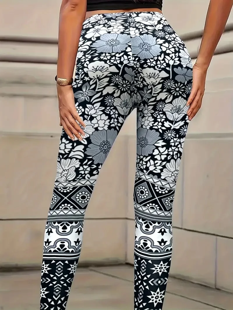 print stretch slim-fit elastic waist casual leggings for women