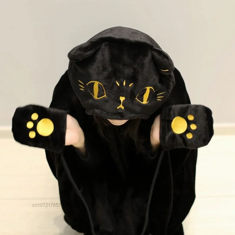 Medieval Egyptian Style Cool Black Cartoon Cat Halloween Plush Cloak for Women Y2k Blanket Shawl with Gloves Hooded Home Ponchos