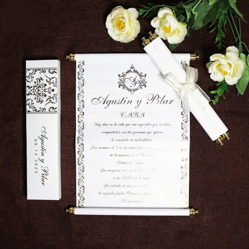 100Pcs Luxury Elegant Custom Foil Scroll Wedding Invitations Set with Gift Box And Ribbon for Wedding Party Personalized Paper C