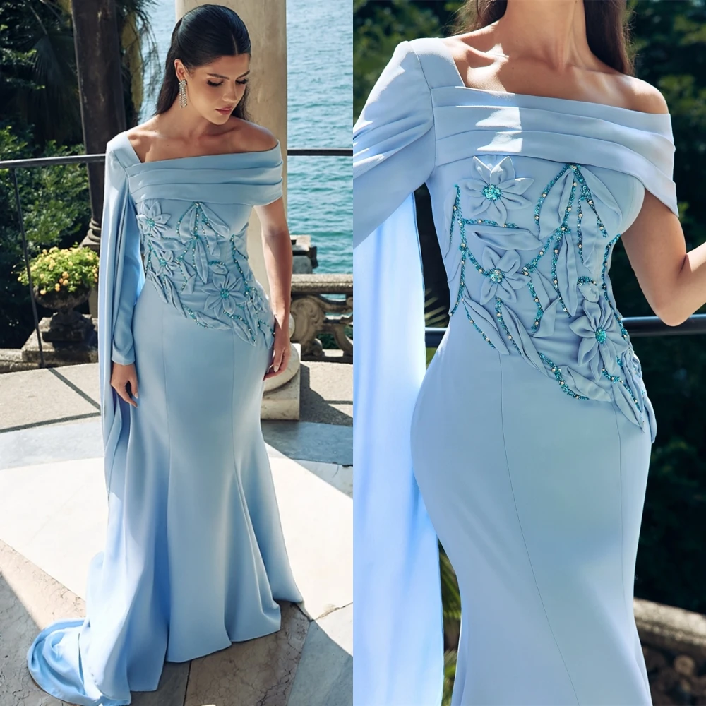 

Customized Luxury Boat Neck Evening Dress Exquisite Jersey Long Sleeves Prom Dresses Modern Court Train Special Occasion Gowns
