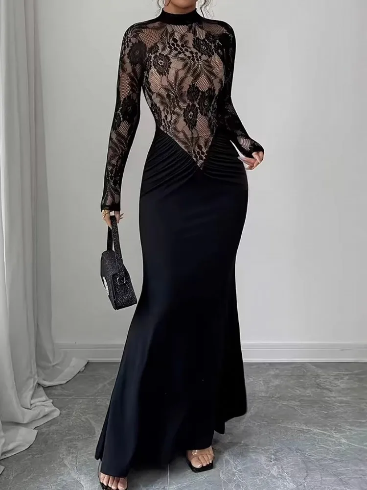 2026 Spring Autumn Winter Dress Women Long Sleeve O-Neck Solid Sexy Elegant Evening Party Skinny Stretch Maxi Bodycon Dresses