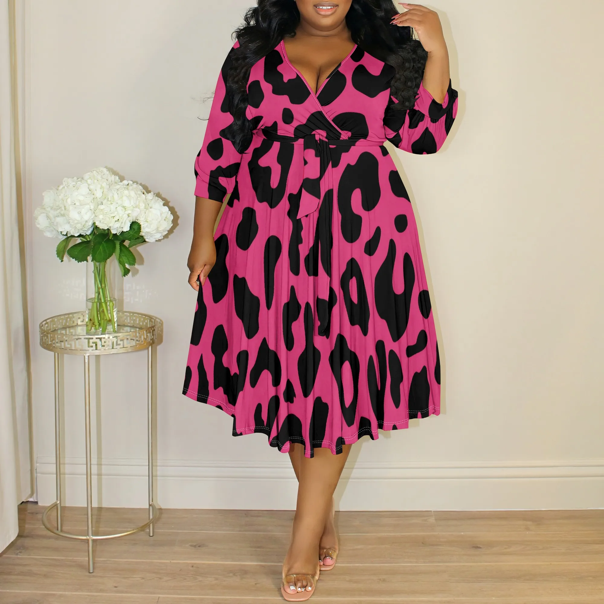 

Bold Leopard Print Plus Size Wrap Dress XL-6XL Hot Pink V-Neck Long Sleeve Midi Dress for Party or Streetwear