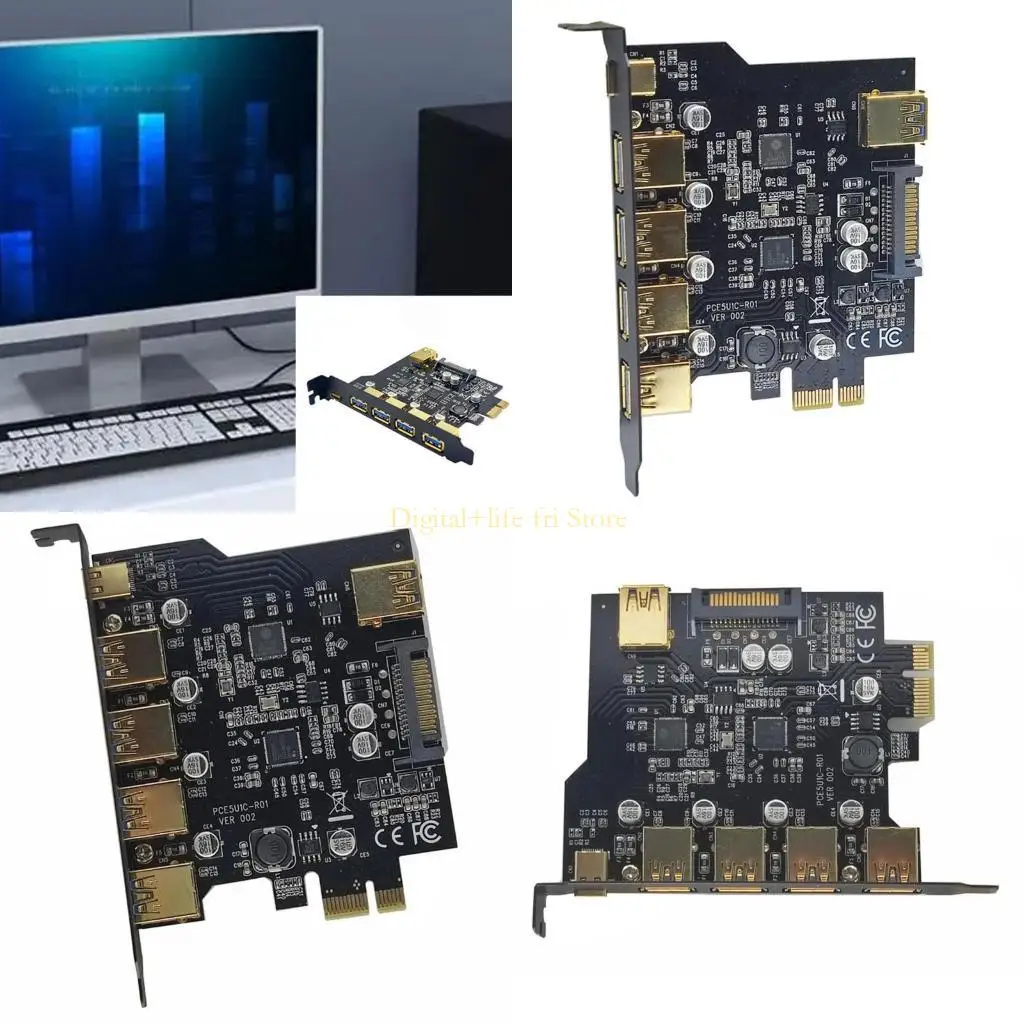 E06D USB Card Card 4 Ports + Type C + встроенный USB Extender PCI-E USB 3.2 RISER