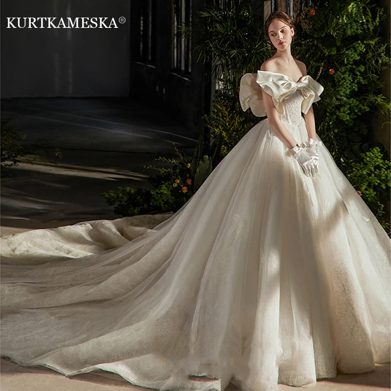 Vestido de novia con lazo blanco para mujer, traje de lujo francés, cuello Barco, manga abombada, elegante, Delgado, largo, fiesta de graduación