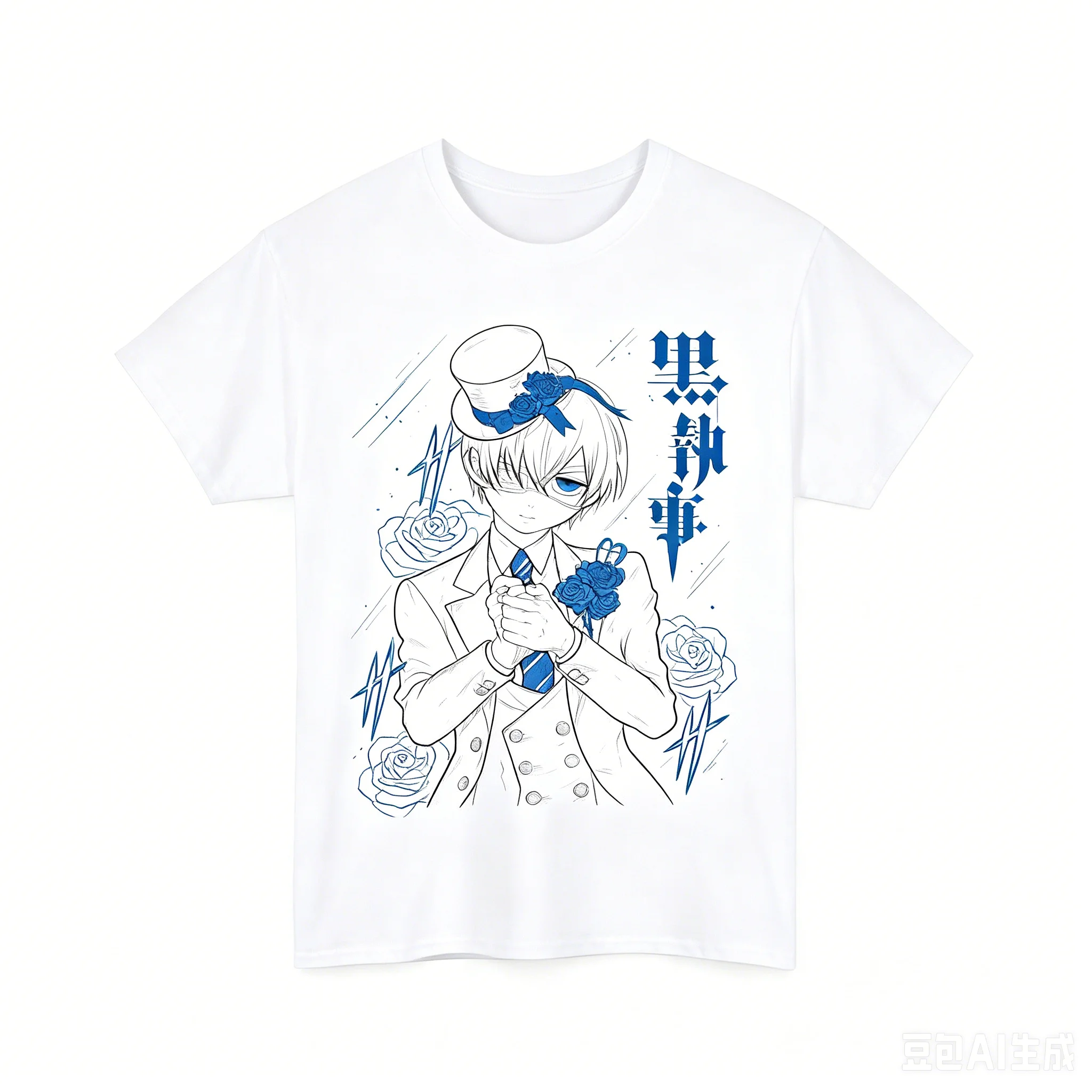 2026 summer Black Butler Single Sided T-shirt Ciel Phantomhive Blue Rose Gothic Print Oversized Cotton Tee For Dark Anime Fans - view 4