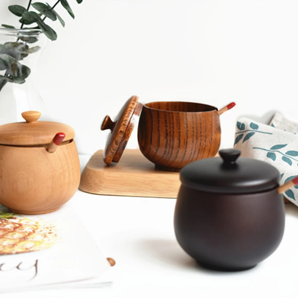 

Jujube Wood Seasoning Jar Brown with Lid Kitchen Salt Sugar Spice Container Rustic Wooden Storage Seasoning Jar