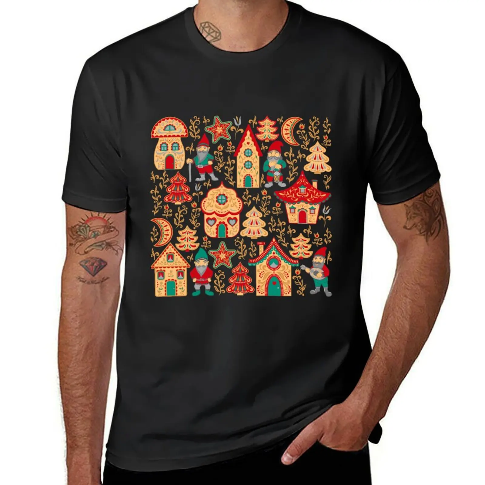 Fairy gnomes and magic houses. Christmas trees, months and stars. Seamless Pattern in folk style. T-Shirt