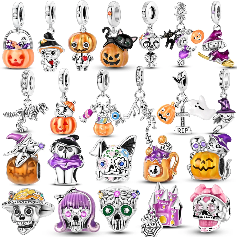 

Gothic Charms 925 Sterling Silver Pumpkin Calavera Colorida Beads Fit Snake Chain Bracelet Necklace Halloween Women DIY Jewelry