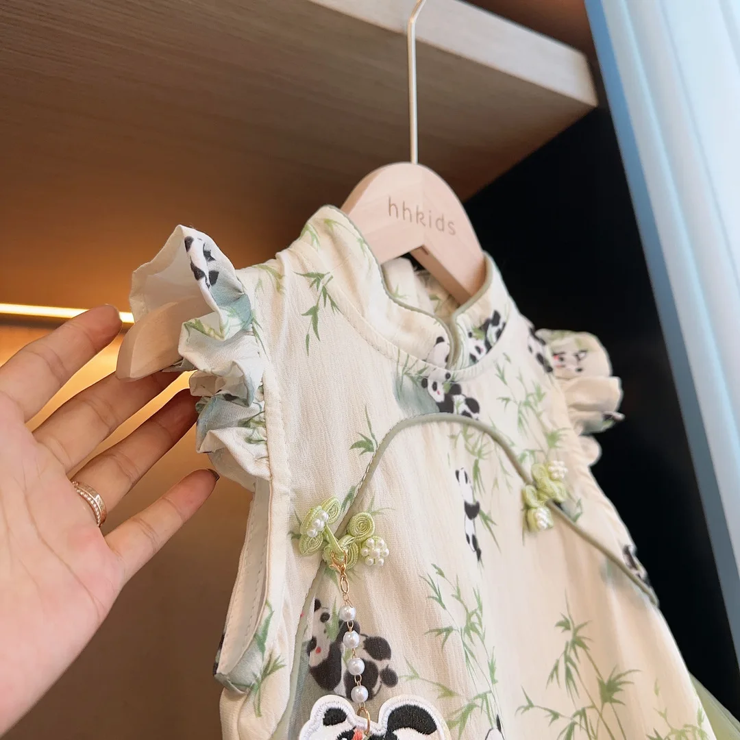 Girls\' Summer Dress 2024 New Baby Chinese Style Cheongsam Dress Little Girls Hanfu Children\'s Mesh Princess Dress