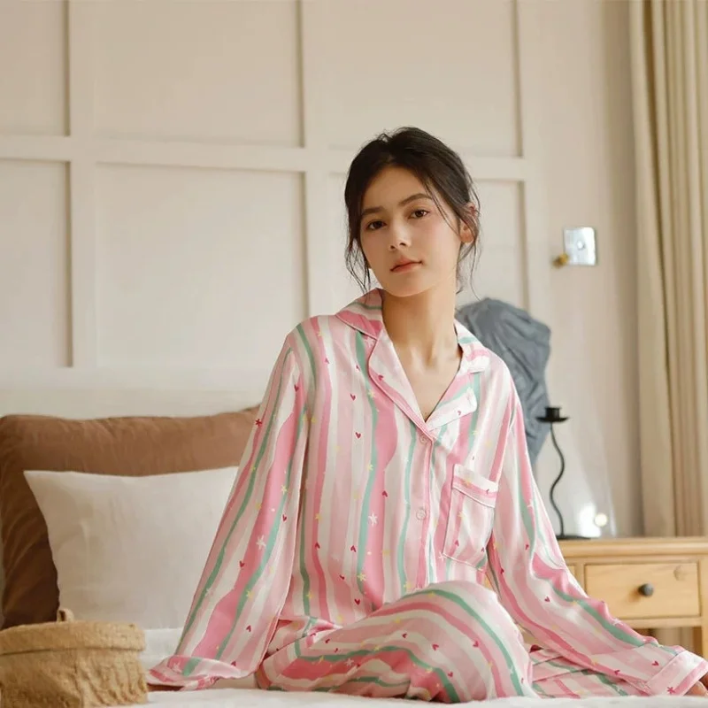 

New Autumn Style Rayon Satin Loungewear Pajama Set - Colorful Macaron Color Palette, Striped Print, Long Sleeves