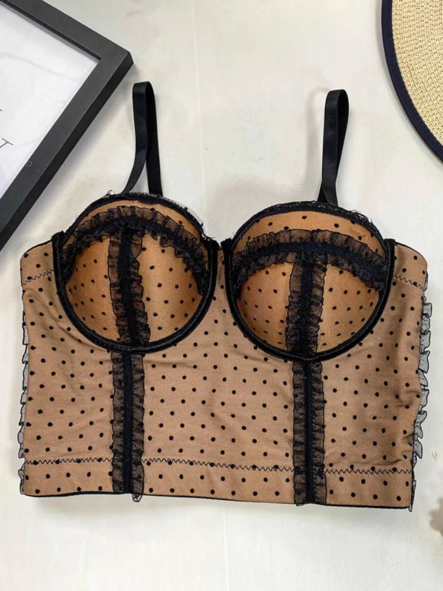 

ssTss European American Sexy Lace Edge Bra Integrated Sling Vest Women's Summer Polka Dot Slim Slim Short Top Corset