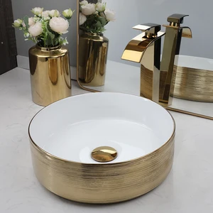 Yanksmart Round Gold Ceramics Bathroom Basin Vanit Bench Golden Pia Mixer Waterfall Taps with Pop-Up Drain Combination Kit 6 Main Sales Cuba Sink Bathroom - №5