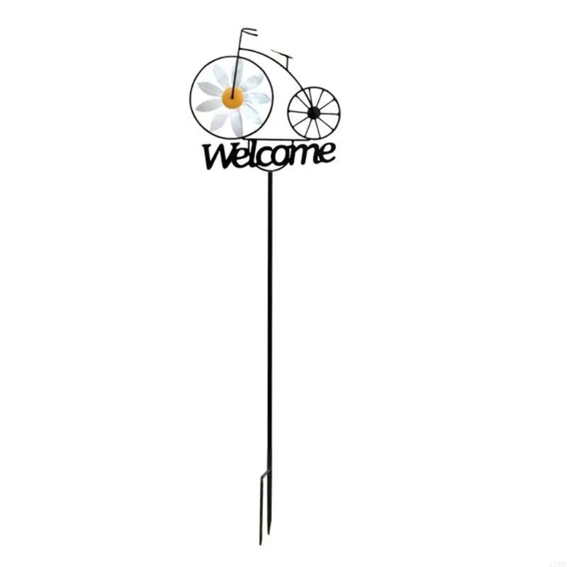 L9BE Garden Welcome Stake Iron Bicycles Windmills Stakes Outdoor Spinning Flower Wind Spinner for Yard Lawn Decorations