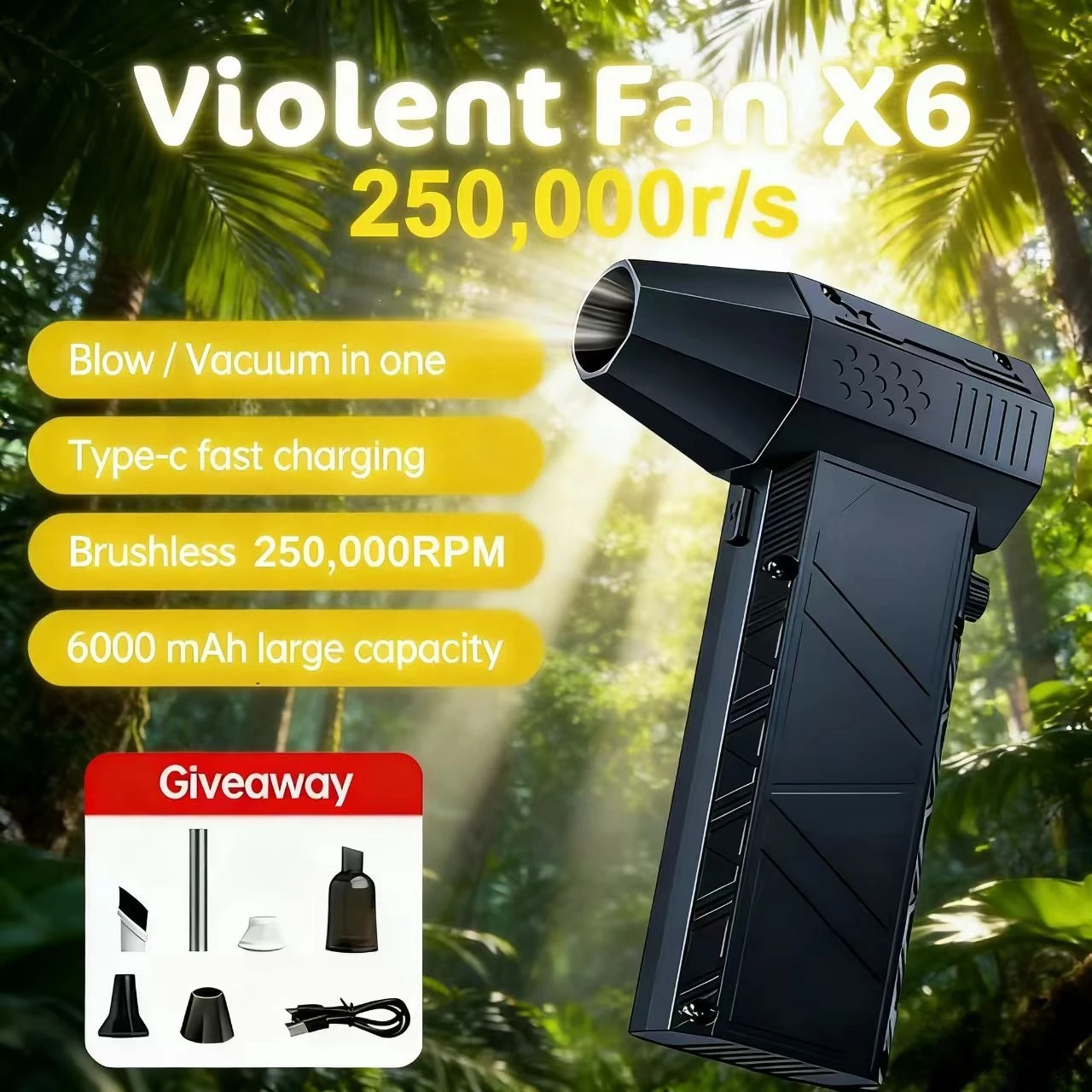 

Мощный воздуходувка-пылесос X6 250 000 об/мин, быстрая зарядка, сильный поток воздуха, бесщеточный вентилятор для чистки автомобиля/компьютера