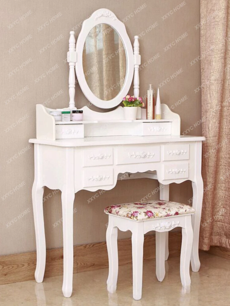 European Style Dressing Table White with Mirror with Stool Dressing Table Multi-Purpose Bedroom Dressing Table