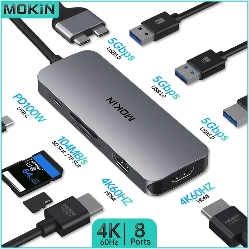 MOKiN 8-in-2 USB C Docking Station 4K 60HZ -Dual USB C to 2 HDMI, 3 USB3.0 5Gbps, PD 100W, SD/TF for MacBook Pro/Air M1 M2