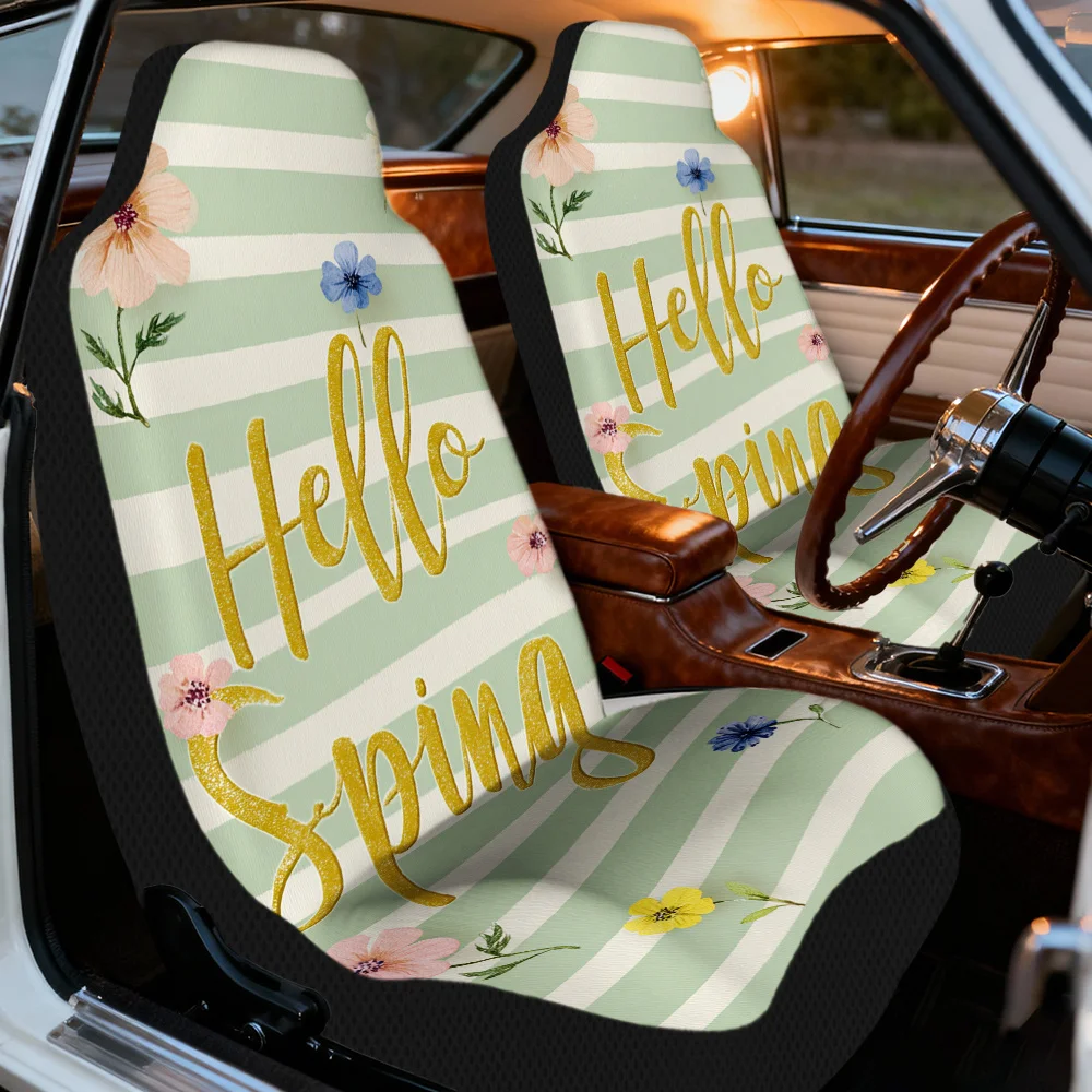 2pcs Trendy Hello Spring Floral Stripes Pattern Front Seat Covers | Designed For Driver And Passenger, Fresh Look For Car Interi