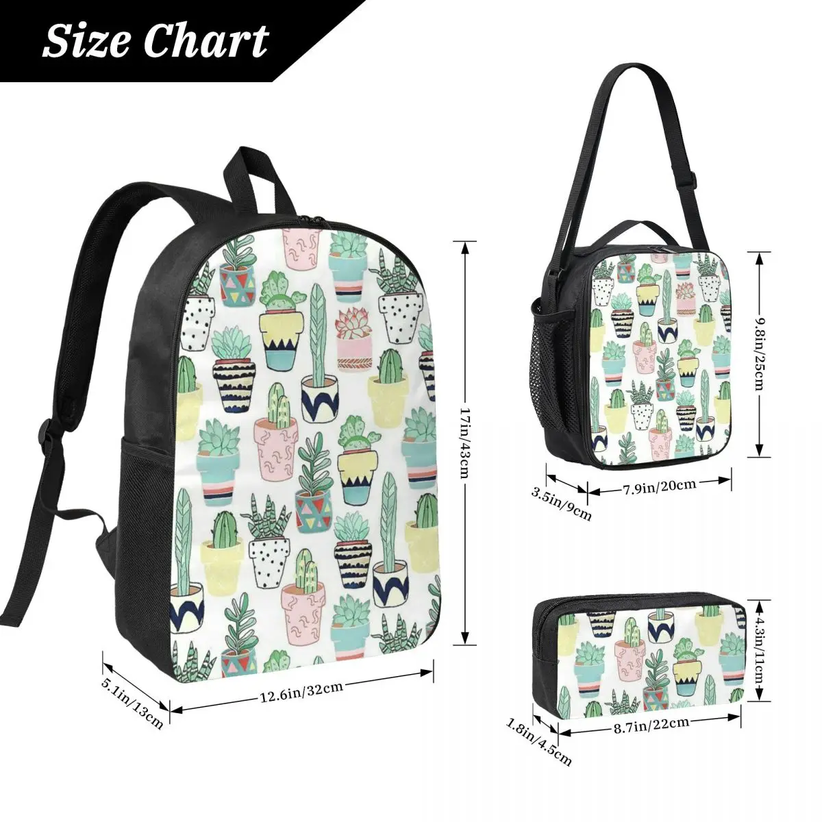Cactus Potted Plant Illustrations Backpack Student BookBag School Bag Laptop Shoulder Bags 3ps Insulated Lunch Bag Pencil Case
