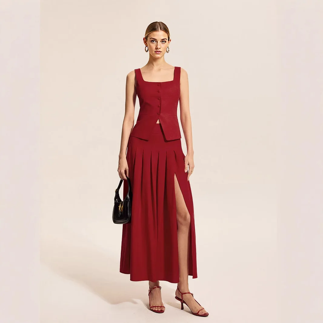 

Лето 2023, новый женский комплект, трехмерный топ без рукавов с зарезанной талией, полуюбка, зонтик, распашная юбка с разрезом