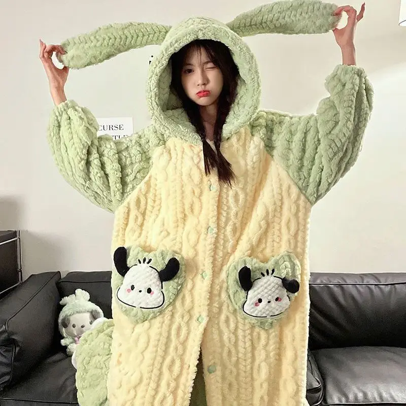 Sleepwear Women\'s Plush Thick Coral Velvet Hooded Pajamas Cartoon Cute Pajamas Winter Flannel Home Clothing Suit Cos Green Robe