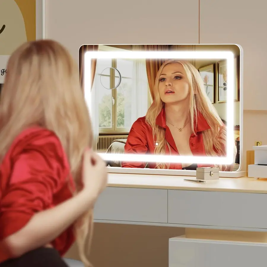 LED Makeup Mirror real-life usage example on bedroom vanity showing makeup application lighting