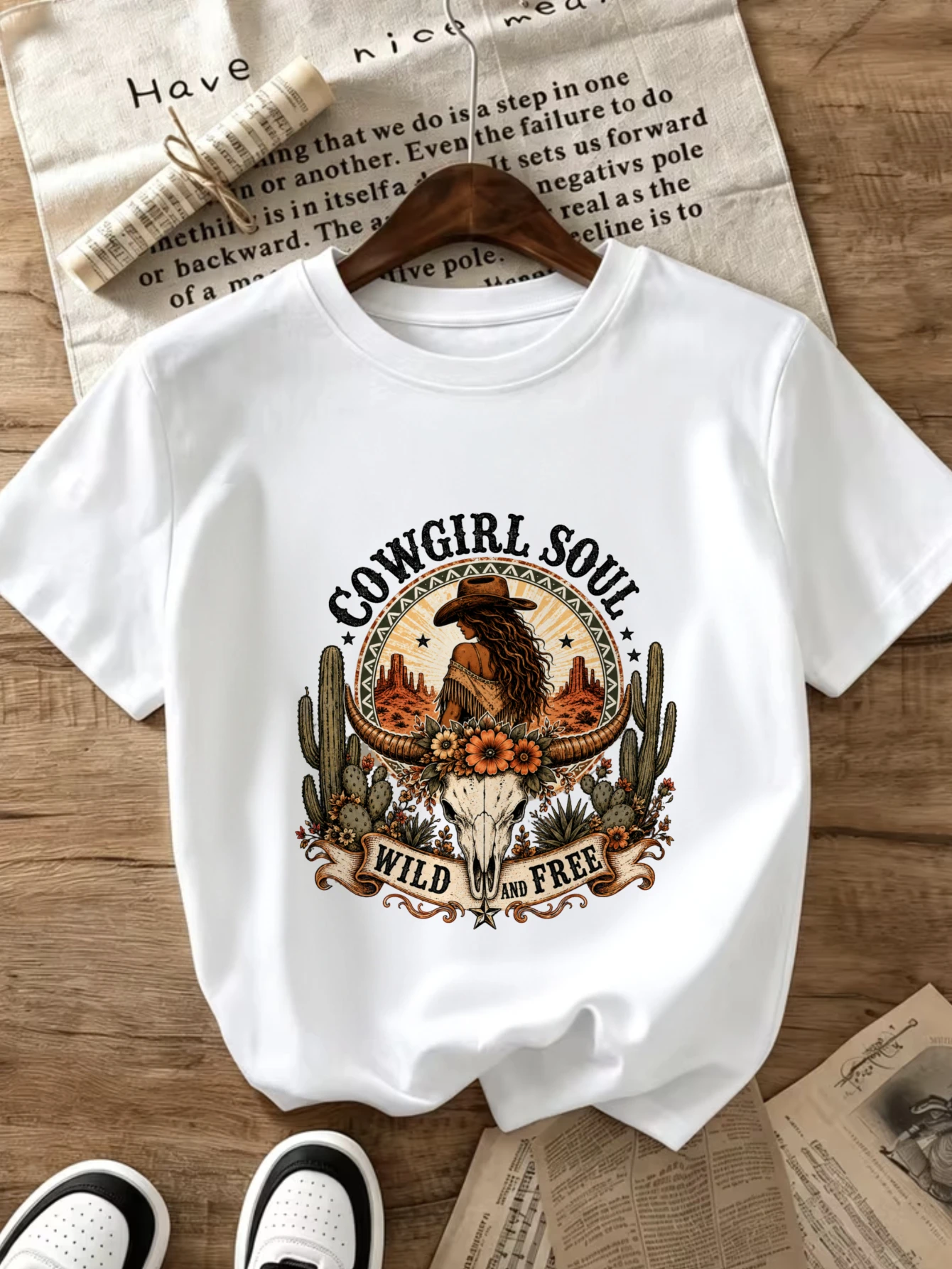 Women's Round Neck T-shirt Casual Travel Cowgirl Soul Wild and Free Western Boho Skull Cactus Flower Print Tops Graphic Clothes
