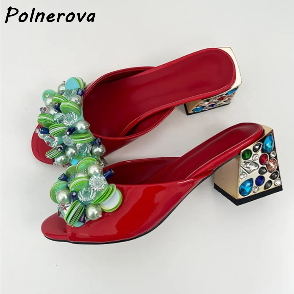 

Тапочки на металлическом каблуке со стразами, блестящие лакированные кожаные туфли без шнуровки с открытым носком, красные, зеленые туфли, роскошная обувь с открытой пяткой и кристаллами