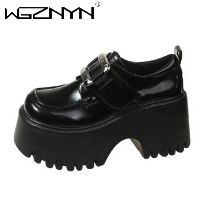 Jesień Kobiety Punk Gothic Wysoka Platforma Kliny Buty Casualowe 8CM Obcasy Wodoodporne Skórzane Buty Gruba Podeszwa Trenerzy Kobiety Trampki