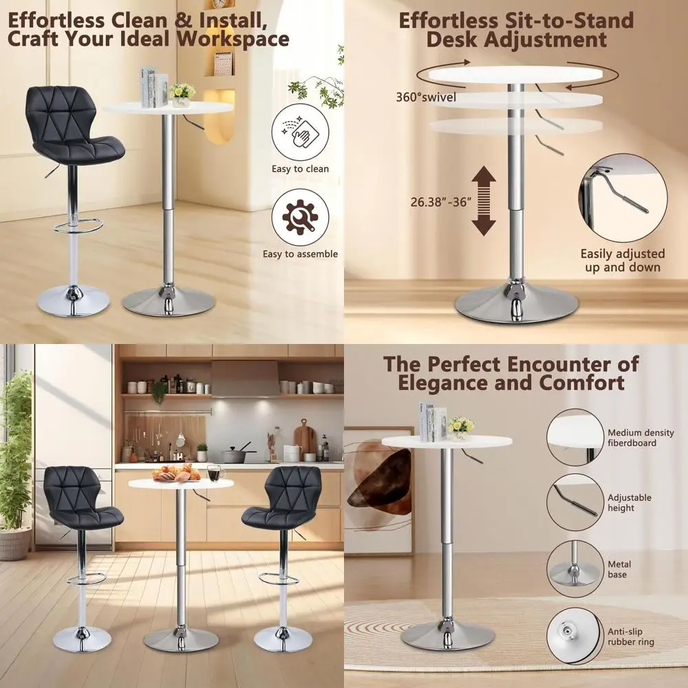 

4-Piece Swivel High Top Pub Table Set, Adjustable Height 26-36, Metal Base, White for Home, Restaurant, Party Use