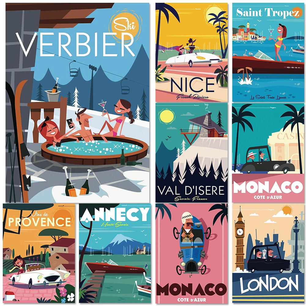 Póster de viaje de Francia, París, Monaco, Londres, Annecy, Provence, Saint Tropez, pintura en lienzo, arte de pared, decoración del hogar para sala de estar