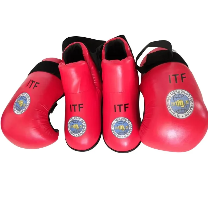 Taekwondo Red/Blue ITF Taekwondo PU Leather Gloves Foot Guard Ankle Gloves Martial Arts Karate Training Protector Equipment