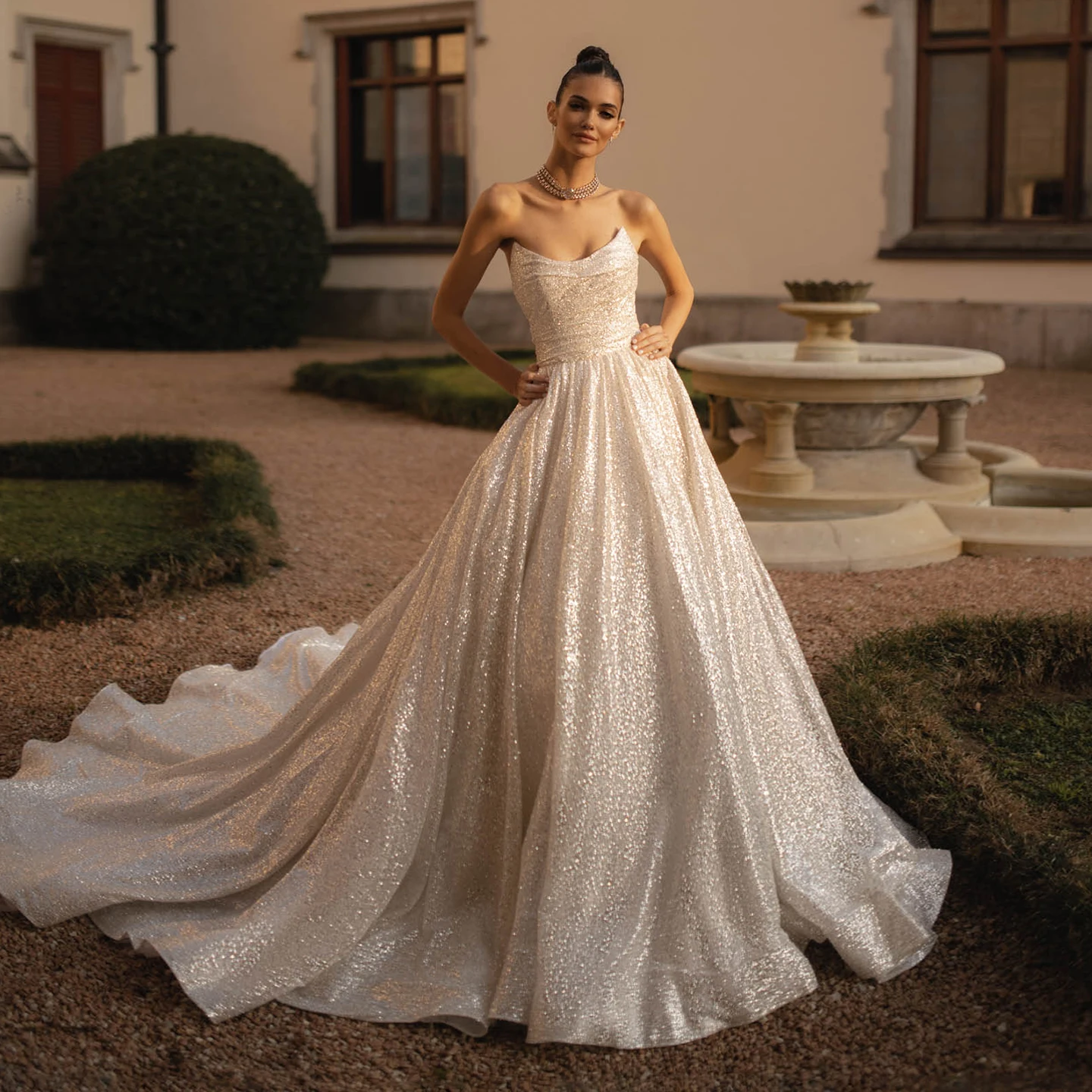 

Sharon Said Sparkly Sleeveless A-Line Off White Tulle Wedding Dress 2025 Elegant Court Train Corset Bride Gowns SW204 Customized