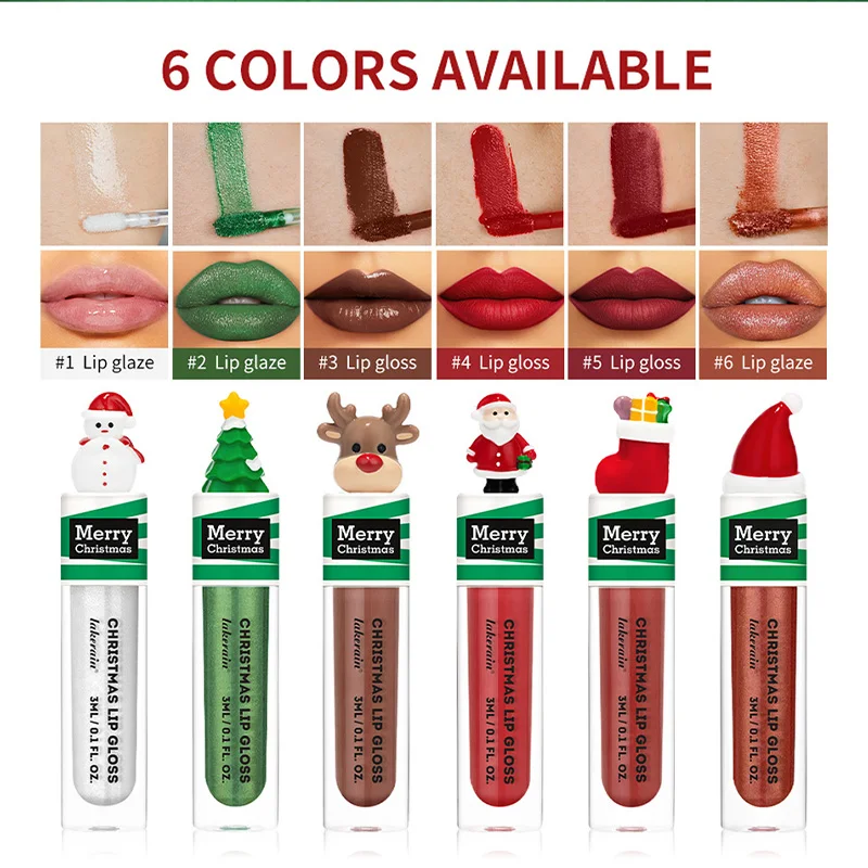 6-kleuren kerstlipgloss, glanzend en hydraterend, inclusief kerstmanvormen lipglazuur, feestelijk vakantiemake-upcadeau voor meisjes