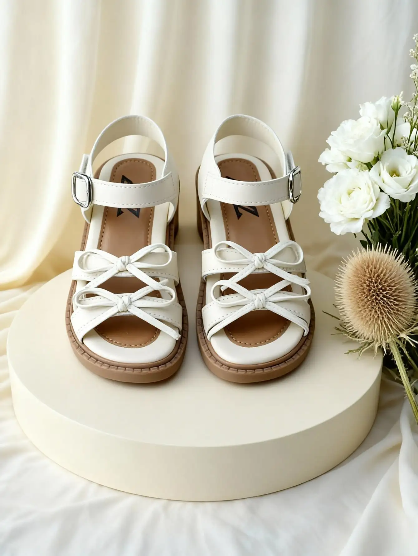 EUR 23-34 Sizes Toddler Kids Girls White PU Leather Open-toe Sandals, Crisscross Bow Detail Adjustable Ankle Buckle Strap with Soft Padded Insole & Non-slip Rubber Sole, Casual Summer Shoes for Beach Vacation, Birthday Party, School & Family Outings