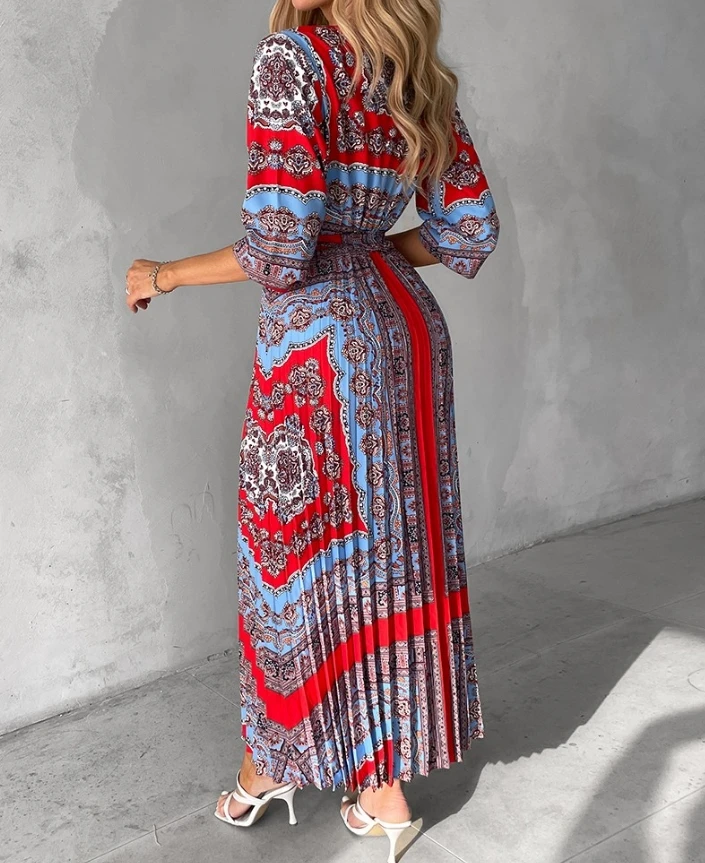 Vestido maxi plissado casual com estampa tribal feminino, vestido de meia manga, detalhe amarrado, decote em v, nova moda, primavera, verão, elegante