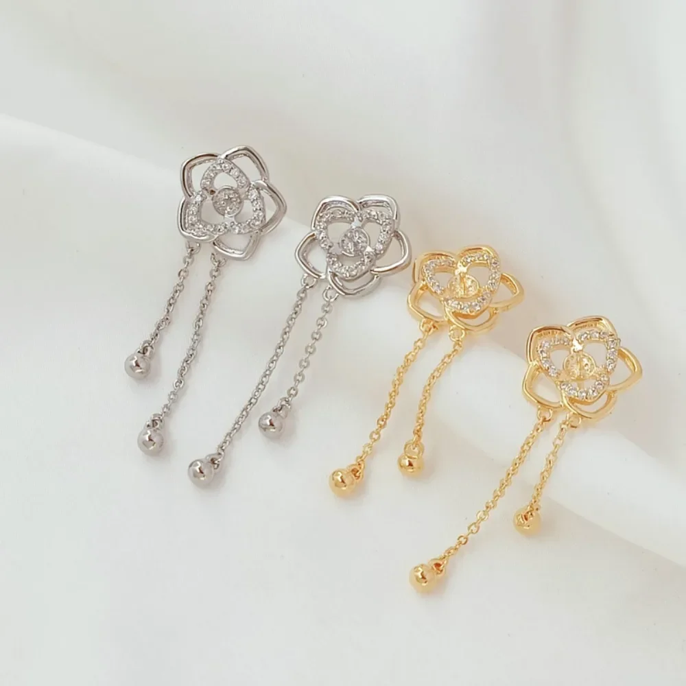 

14K Gold-plated, Zircon, Tassel, Hollow Five-petal Flower S925 Earpin, Handcrafted DIY Earrings and Earrings Accessories