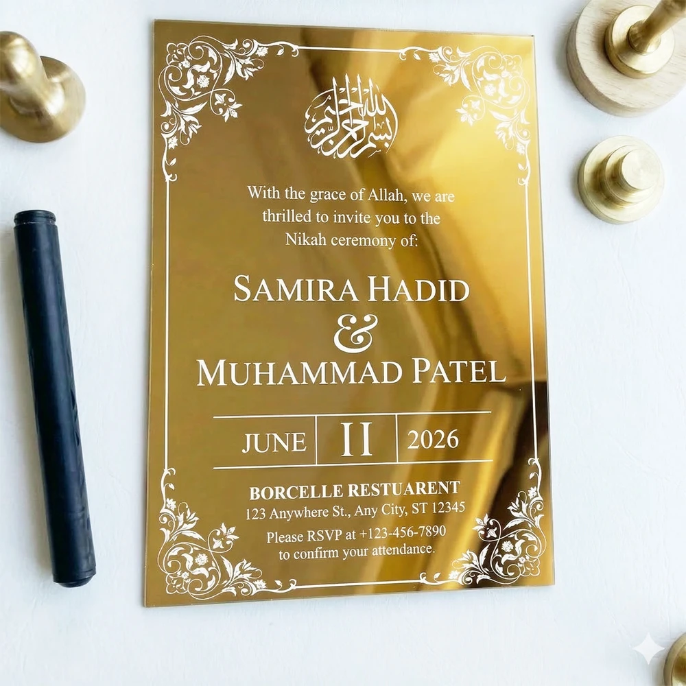 Invitación de boda de lujo en acrílico dorado con efecto espejo, tarjeta de certificado islámico Nikah personalizada, invitación con versículo del Corán personalizado de 5x7 pulgadas
