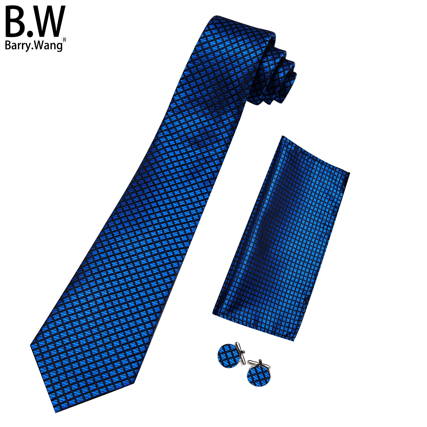 Barry.Wang Formal Silk Men Tie Handkerchief Cufflinks Set Red Blue Silver Green Jacquard Plaid Necktie for Male Wedding Business