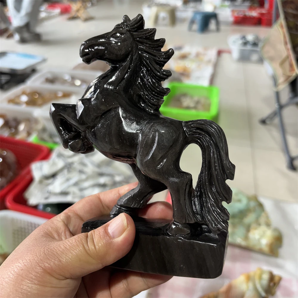 Natural Quartz Silver Obsidian Horse Carving Handmade Animal Powerful Statue For Home Decoration Lucky Holiday Gift 1PCS