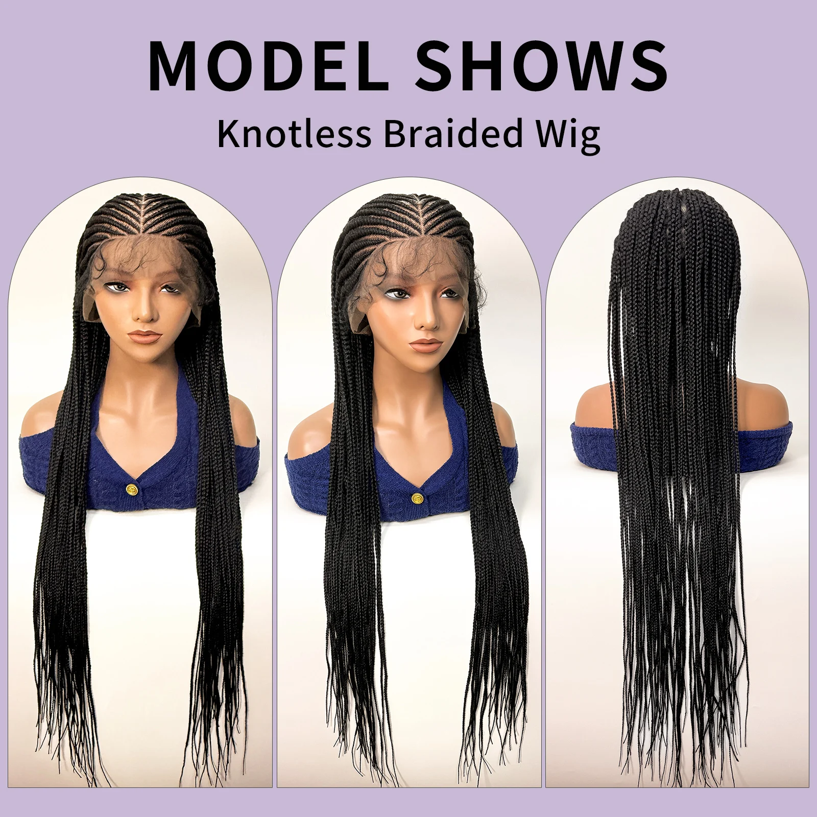 Perucas Trançadas Sem Nó, Tranças Fulani Sintéticas de 36 Polegadas, Peruca de Renda Completa Transparente com Cabelo de Bebê para Mulheres Negras