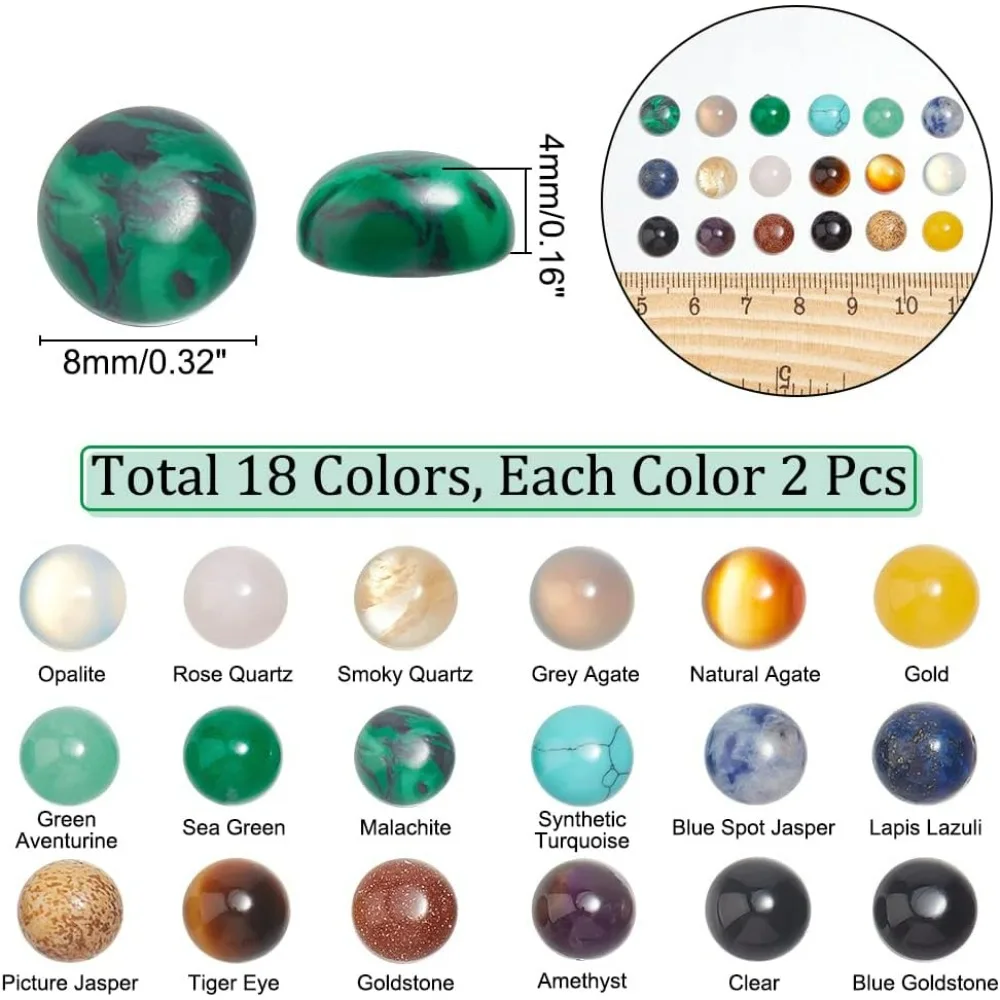 36pcs 18Materals Gemstone Cabochon 8mm Half Round Stone Cabochons Flatback Crystal Quartz Stone for Earring Necklace making kit