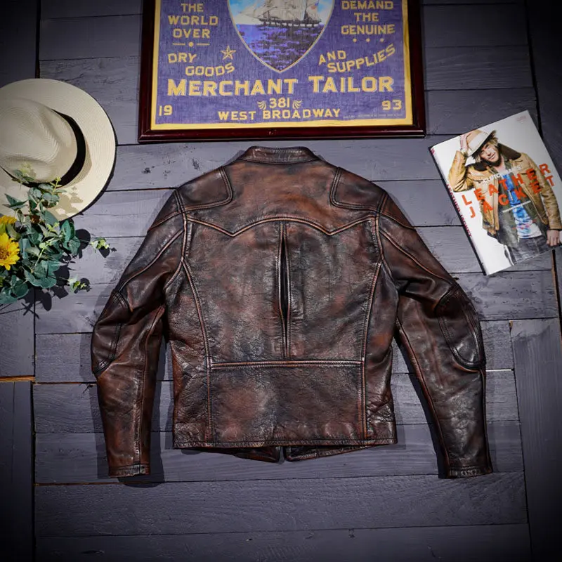 Tea core horse skin washed old stand-up collar classic stand-up collar retro leather jacket