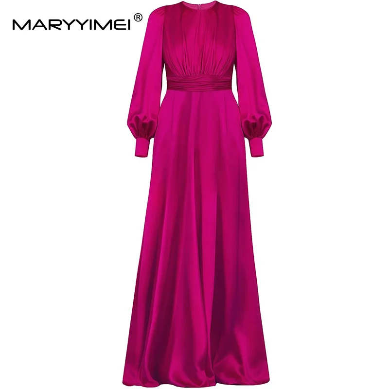 

MARYYIMEI Solid Lantern Sleeved Slim Maxi Long Dress For Women High waist Fashion Formal Evening Gowns Dresses