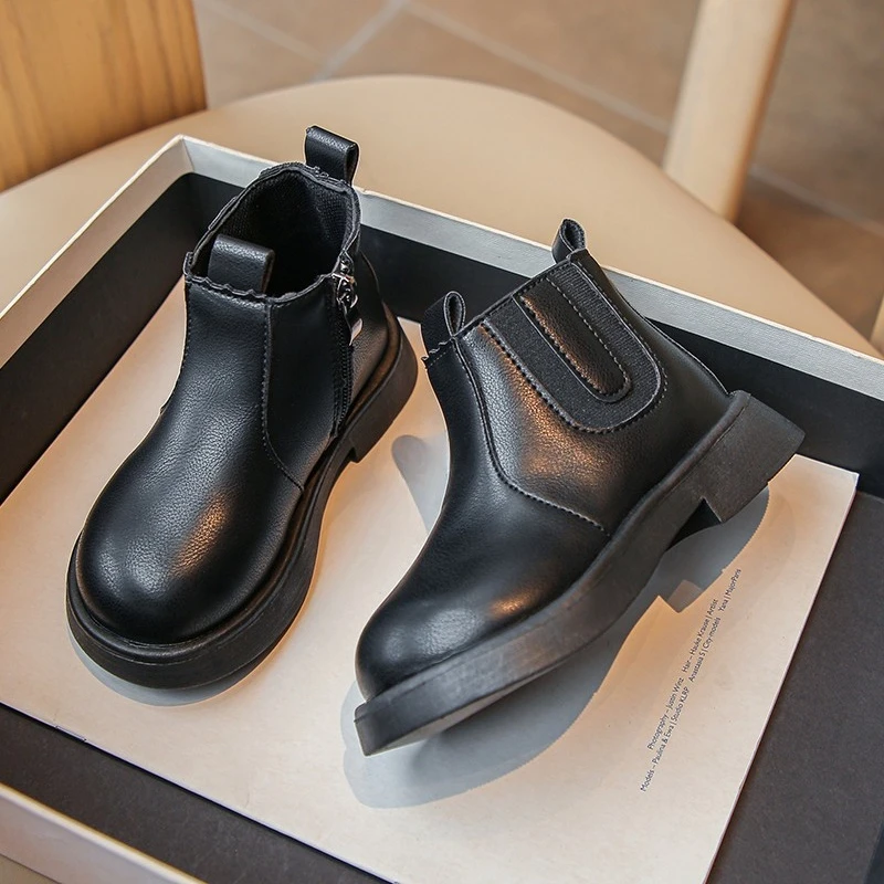 Mumoresip Kids Autumn Winter Boots Simple Side Zipper Boys Girls Ankle Boots Thick Sole Solid Color Leather Children Short Boots