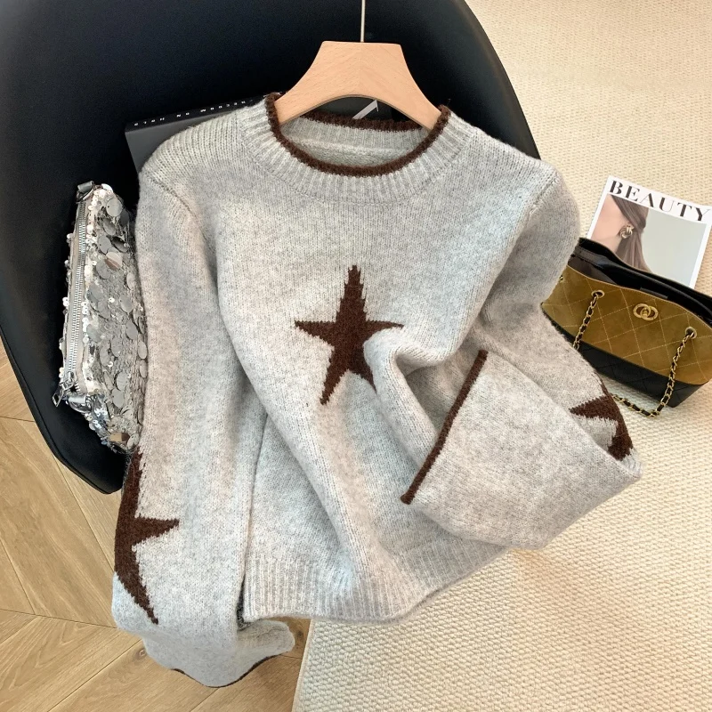 المرأة رمادي س الرقبة ستار متماسكة البلوز سترة 2000s خمر الكورية نمط البلوز متماسكة طويلة الأكمام سترة الكشمير المعنقة الخريف الشتاء #2