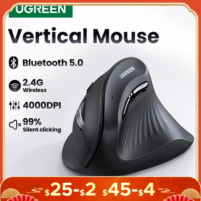 UGREEN Vertical Mouse Wireless Bluetooth5.0 2.4G Ergonomic 4000DPI 6 Mute Buttons for MacBook Tablet Laptops Computer PC Mice