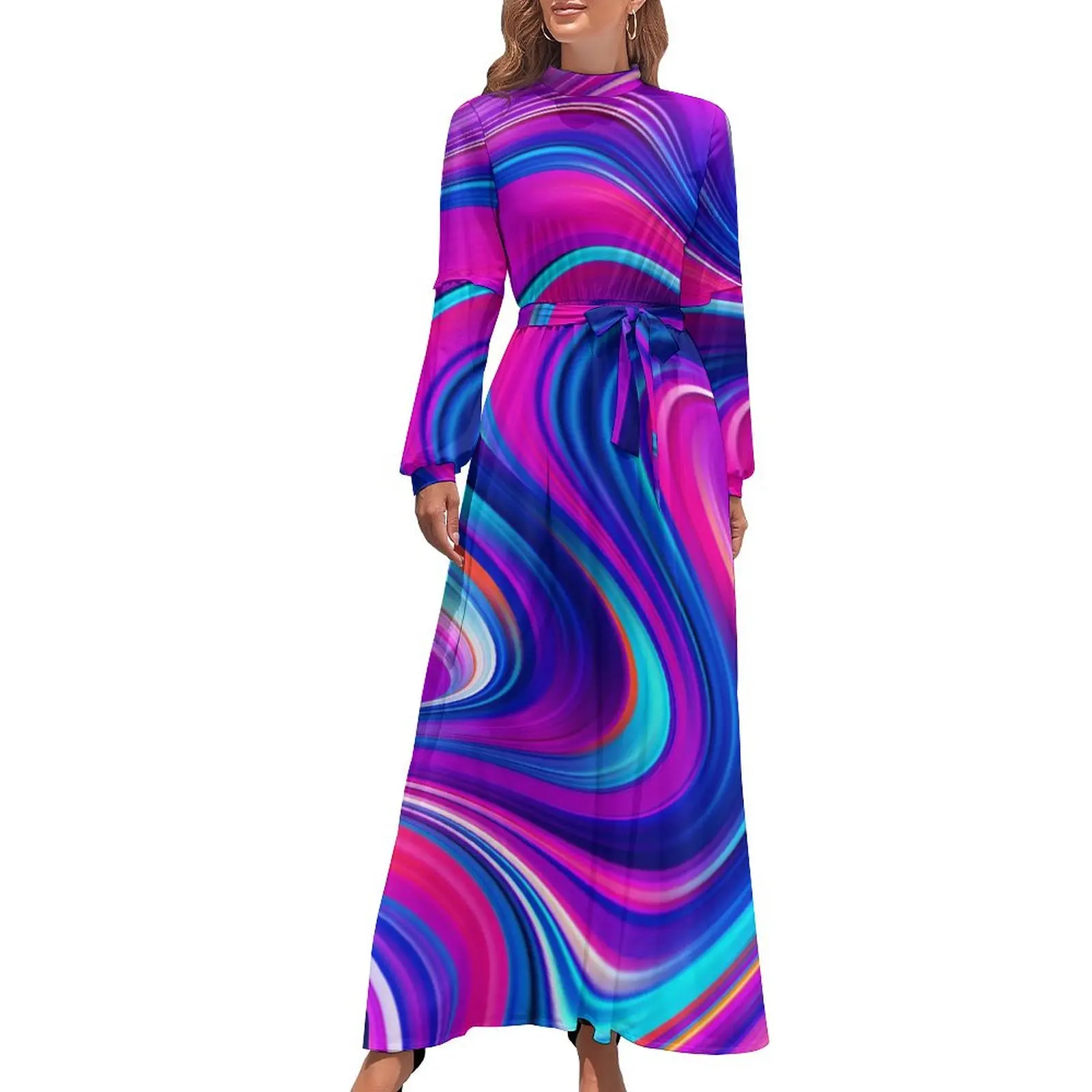 

Rainbow Print Dress High Waist Marbled Abstract Graphic Bohemia Dresses Long Sleeve Casual Long Maxi Dress Kawaii Vestido