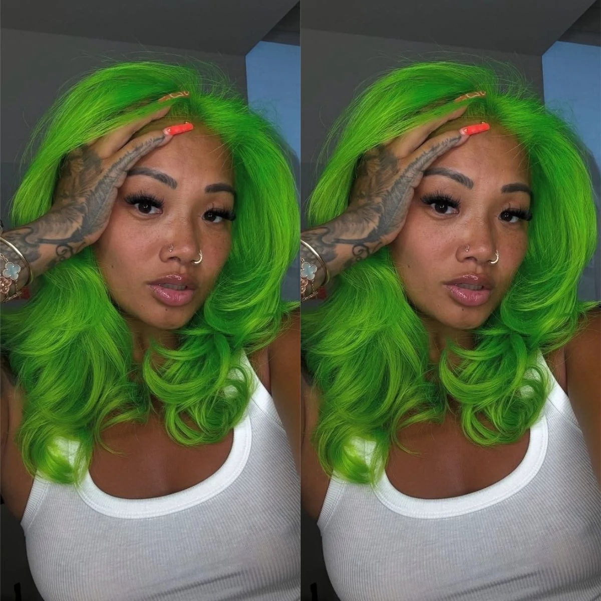 

Флуоресцентные зеленые короткие синтетические парики с эффектом волн, плотность 200%, парики с кружевной передней частью 13x4 для музыкальных фестивалей, танцевальных вечеринок, повседневного использования и косплея